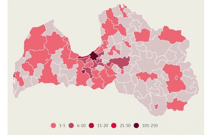 Apstiprināto saslimšanu skaits ar Covid-19 Latvijas pašvaldībās. Dati līdz 29.martam. Infografika: LETA