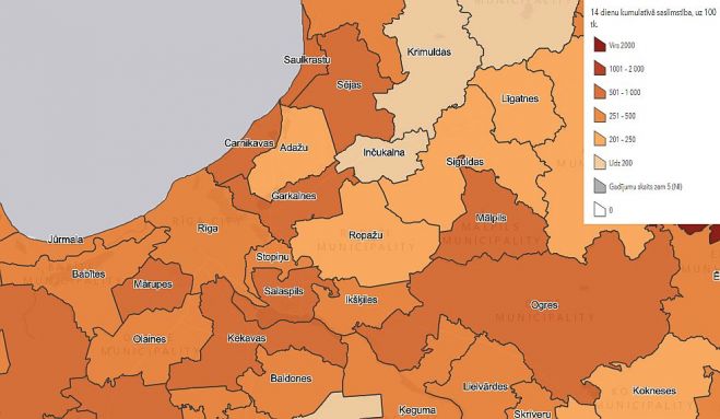 Reģistrēto Covid-19 gadījumu biežums Pierīgas novados pēdējās 14 dienās uz 100 000 iedzīvotāju: Grafika - SPKC