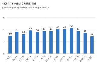 Vidējais patēriņa cenu līmenis gada laikā palielinājies par 2,9 %