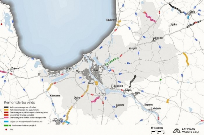Publicēta būvdarbu karte un šogad plānoto darbu saraksts valsts ceļu tīklā Rīgas reģionā